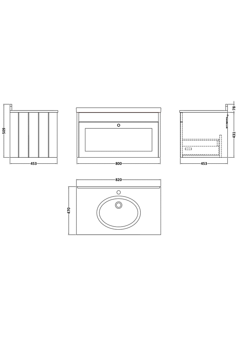 Old London Ashwick Satin White 800mm Wall Hung 1-Drawer Unit With Marble Top 1 Tap Hole