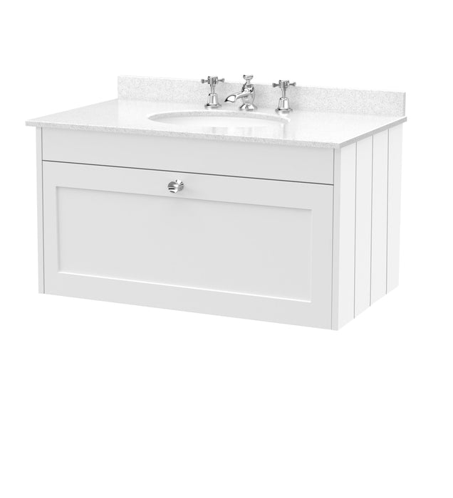 Old London Ashwick Satin White 800mm Wall Hung 1-Drawer Unit With Marble Top 3 Tap Hole