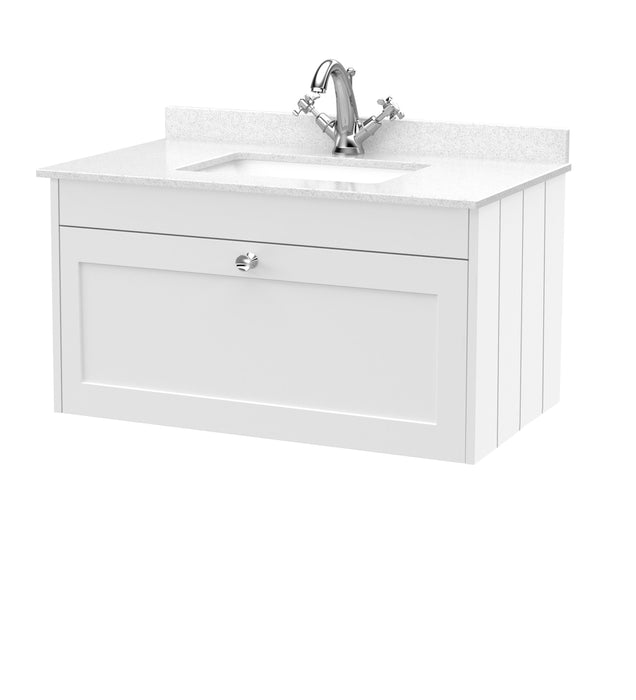Old London Ashwick Satin White 800mm Wall Hung 1-Drawer Unit With Marble Top 1 Tap Hole