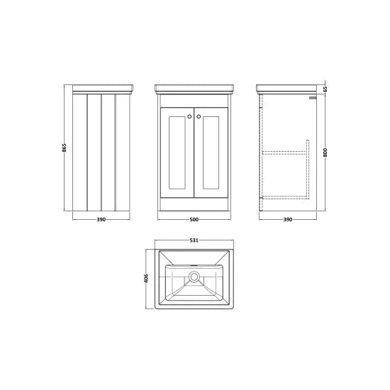 Old London Ashwick Satin Grey 500mm Floorstanding 2-Door Unit With Basin No Tap Hole