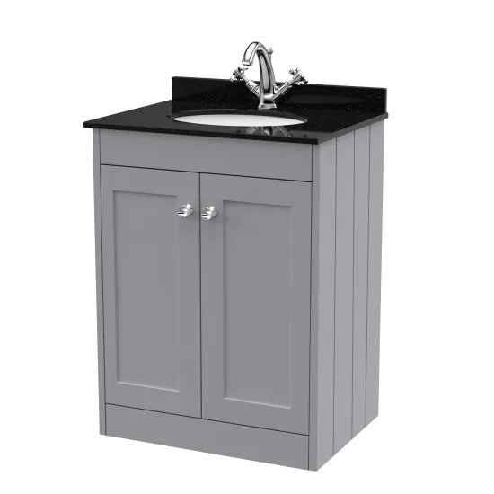 Old London Ashwick Satin Grey 600mm Floorstanding 2-Door Unit With Marble Top 1 Tap Hole
