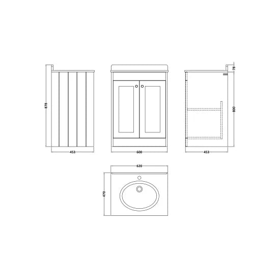 Old London Ashwick Satin Grey 600mm Floorstanding 2-Door Unit With Marble Top 1 Tap Hole