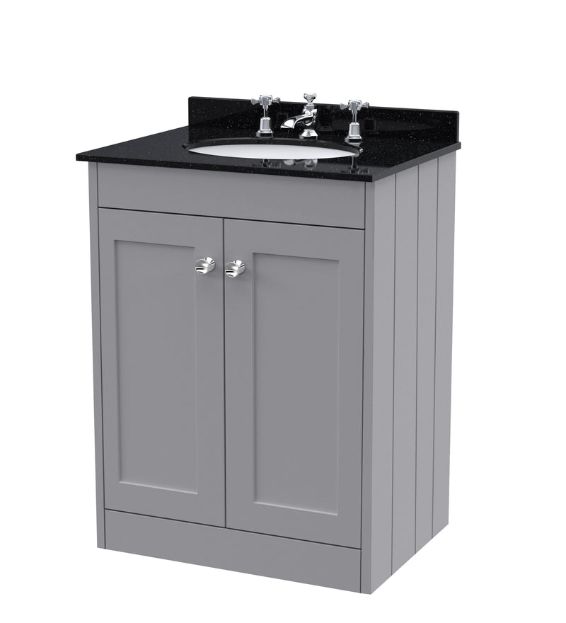 Old London Ashwick Satin Grey 600mm Floorstanding 2-Door Unit With Marble Top 3 Tap Hole