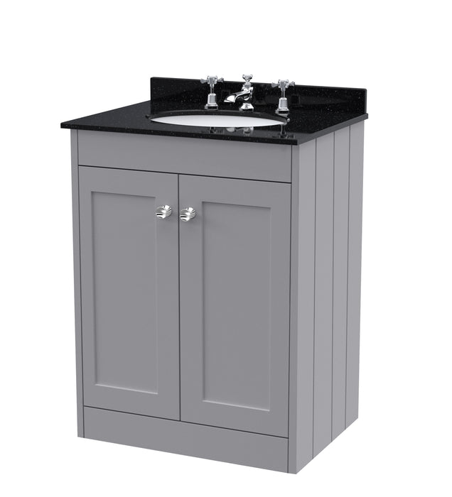 Old London Ashwick Satin Grey 600mm Floorstanding 2-Door Unit With Marble Top 3 Tap Hole