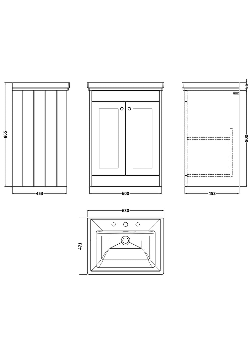 Old London Ashwick Satin Grey 600mm Floorstanding 2-Door Unit With Basin 3 Tap Hole