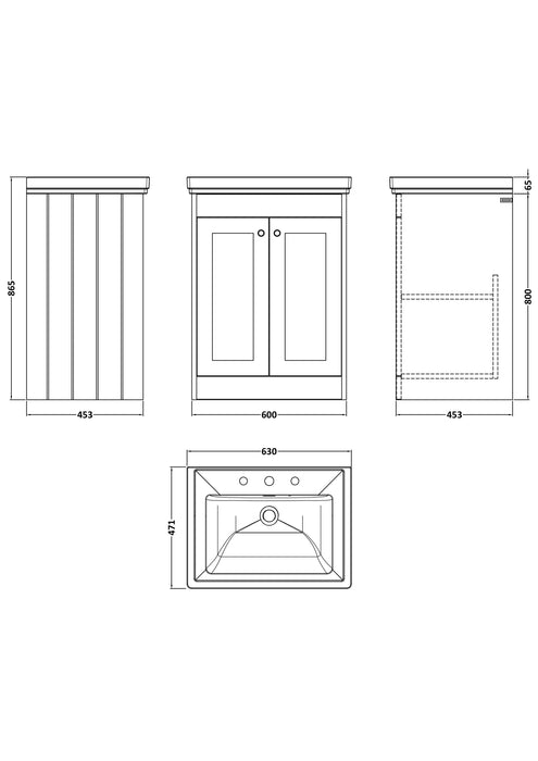 Old London Ashwick Satin Grey 600mm Floorstanding 2-Door Unit With Basin 3 Tap Hole