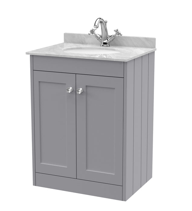 Old London Ashwick Satin Grey 600mm Floorstanding 2-Door Unit With Marble Top 1 Tap Hole