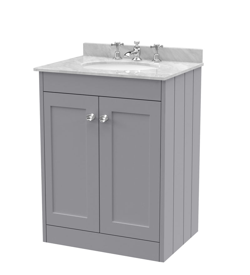 Old London Ashwick Satin Grey 600mm Floorstanding 2-Door Unit With Marble Top 3 Tap Hole