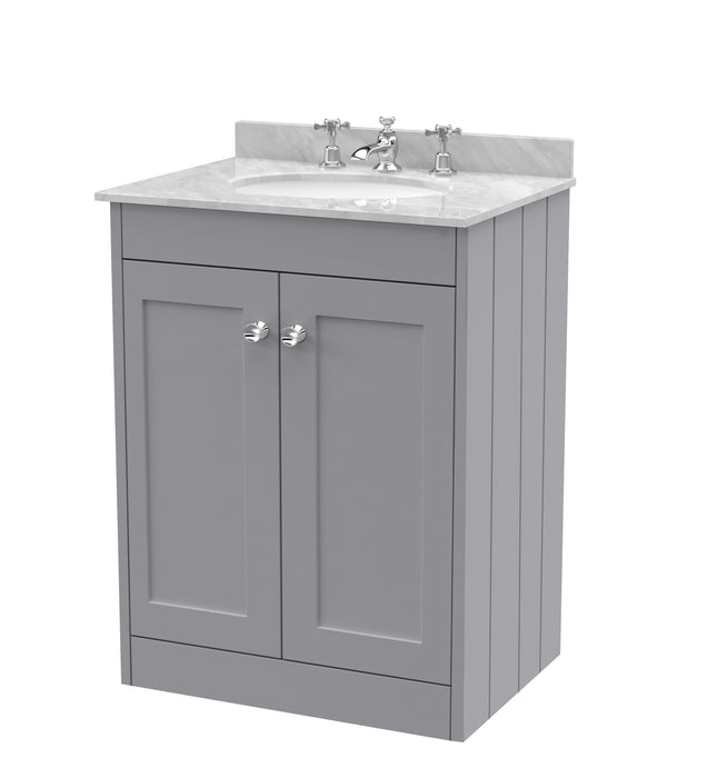 Old London Ashwick Satin Grey 600mm Floorstanding 2-Door Unit With Marble Top 3 Tap Hole