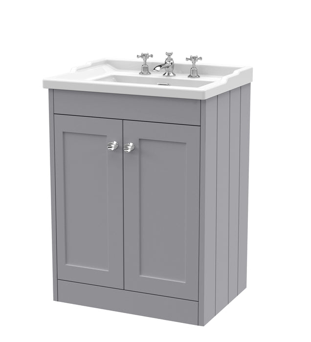 Old London Ashwick Satin Grey 600mm Floorstanding 2-Door Unit With Basin 3 Tap Hole
