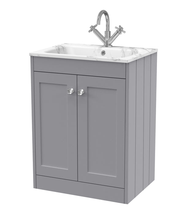 Old London Ashwick Satin Grey 600mm Floorstanding 2-Door Unit With Stone Basin 1 Tap Hole