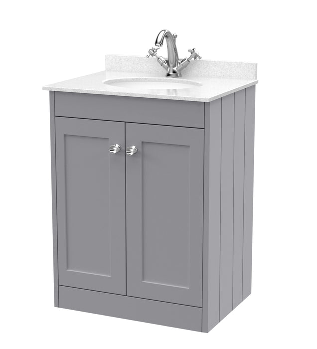 Old London Ashwick Satin Grey 600mm Floorstanding 2-Door Unit With Marble Top 1 Tap Hole
