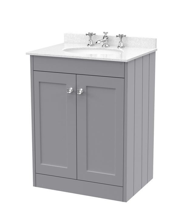Old London Ashwick Satin Grey 600mm Floorstanding 2-Door Unit With Marble Top 3 Tap Hole