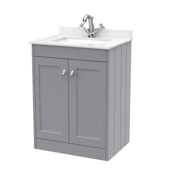 Old London Ashwick Satin Grey 600mm Floorstanding 2-Door Unit With Marble Top 1 Tap Hole