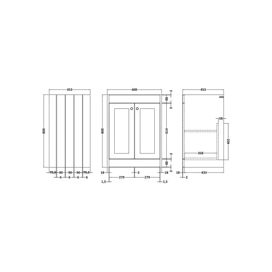 Old London Ashwick 600mm Satin Grey 2 Door Floor Standing Vanity