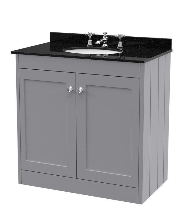 Old London Ashwick Satin Grey 800mm Floorstanding 2-Door Unit With Marble Top 3 Tap Hole