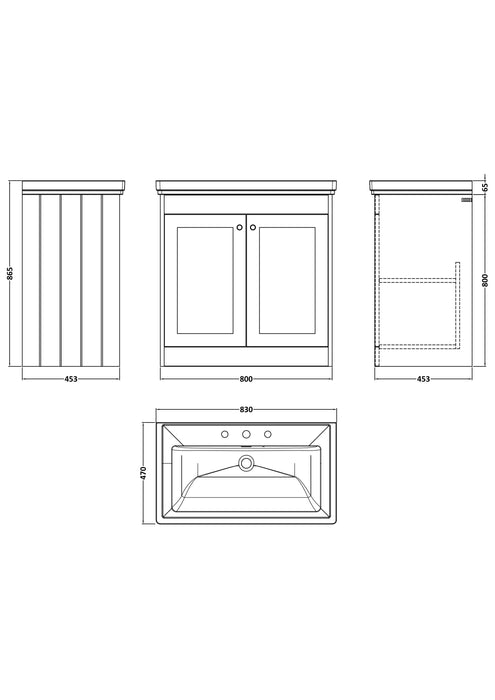 Old London Ashwick Satin Grey 800mm Floorstanding 2-Door Unit With Basin 3 Tap Hole