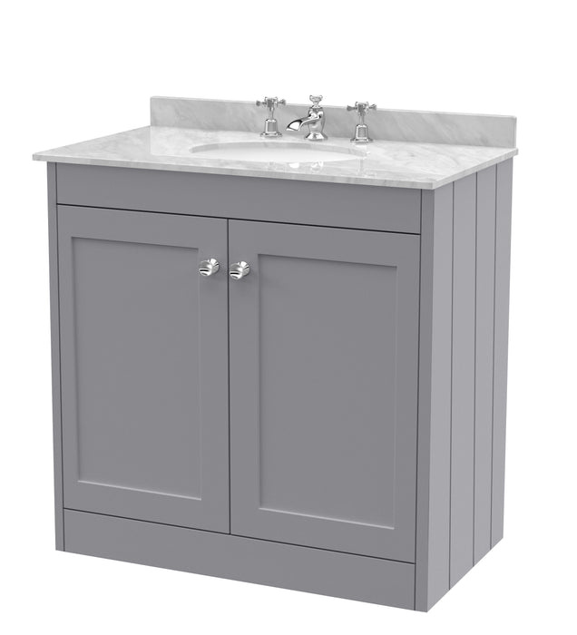 Old London Ashwick Satin Grey 800mm Floorstanding 2-Door Unit With Marble Top 3 Tap Hole