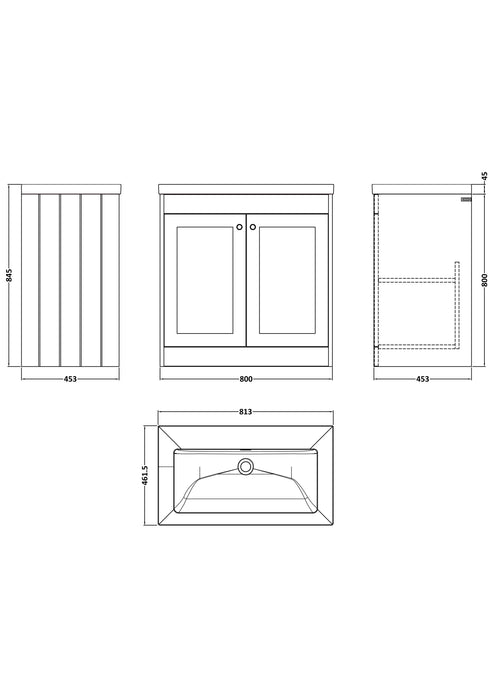 Old London Ashwick Satin Grey 800mm Floorstanding 2-Door Unit With Basin No Tap Hole