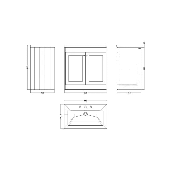 Old London Ashwick Satin Grey 800mm Floorstanding 2-Door Unit With Basin 3 Tap Hole