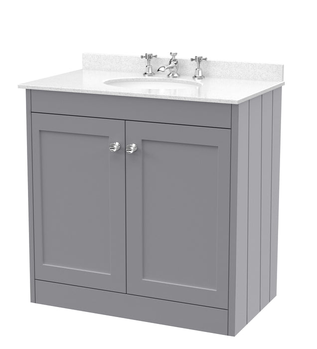 Old London Ashwick Satin Grey 800mm Floorstanding 2-Door Unit With Marble Top 3 Tap Hole