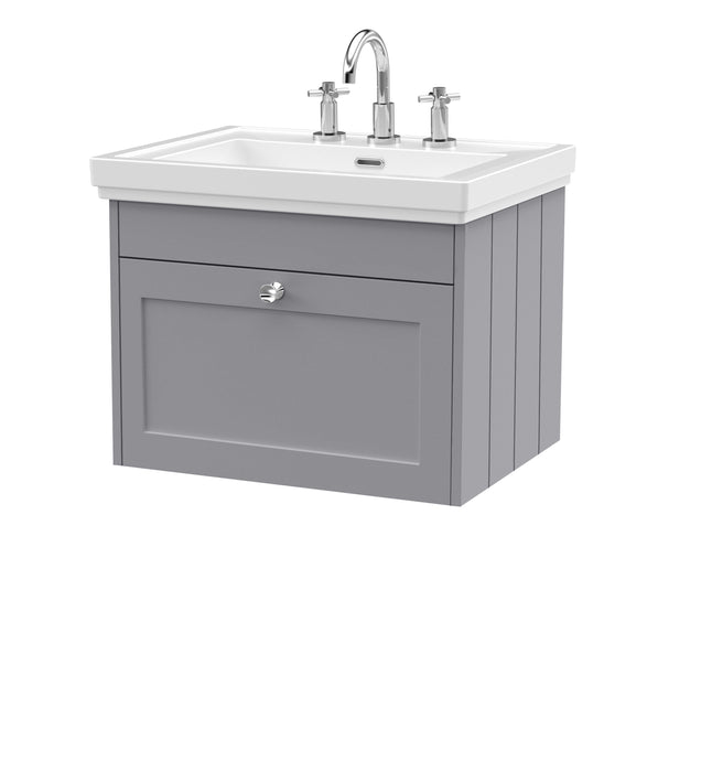Old London Ashwick Satin Grey 600mm Wall Hung 1-Drawer Unit With Basin 3 Tap Hole