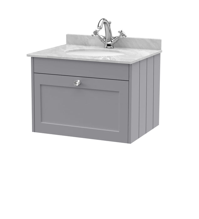 Old London Ashwick Satin Grey 600mm Wall Hung 1-Drawer Unit With Marble Top 1 Tap Hole