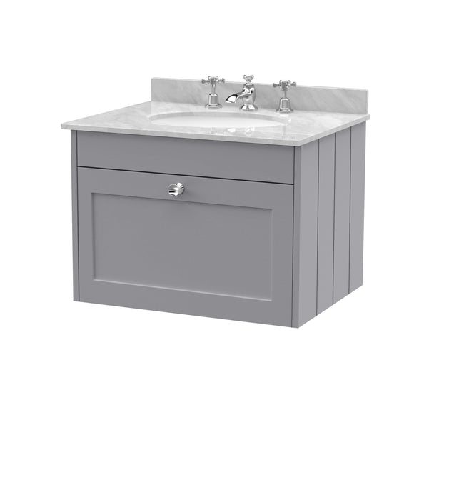 Old London Ashwick Satin Grey 600mm Wall Hung 1-Drawer Unit With Marble Top 3 Tap Hole