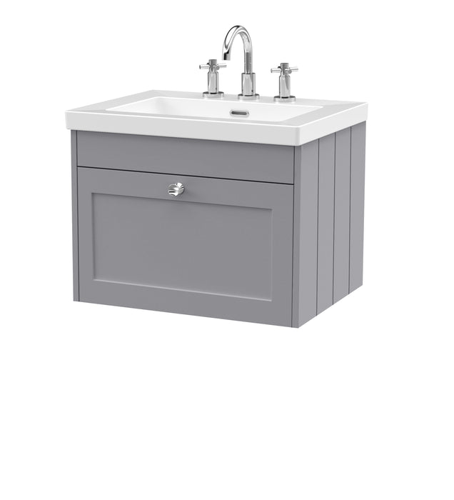 Old London Ashwick Satin Grey 600mm Wall Hung 1-Drawer Unit With Basin 3 Tap Hole