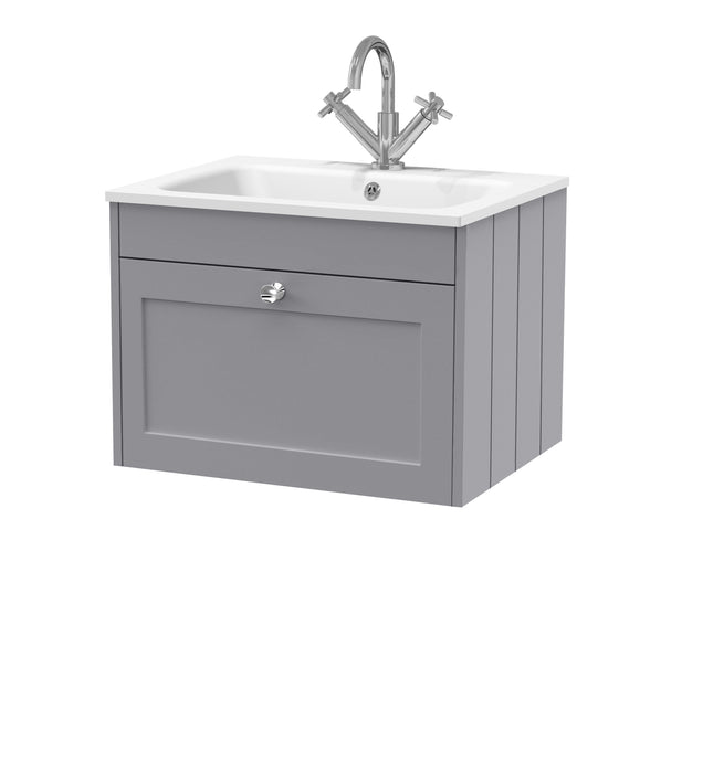 Old London Ashwick Satin Grey 600mm Wall Hung 1-Drawer Unit With Stone Basin 1 Tap Hole