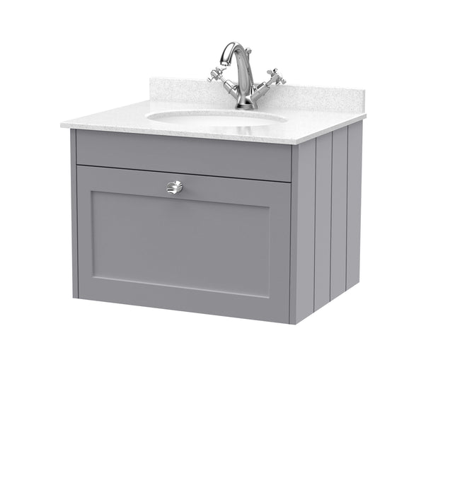 Old London Ashwick Satin Grey 600mm Wall Hung 1-Drawer Unit With Marble Top 1 Tap Hole