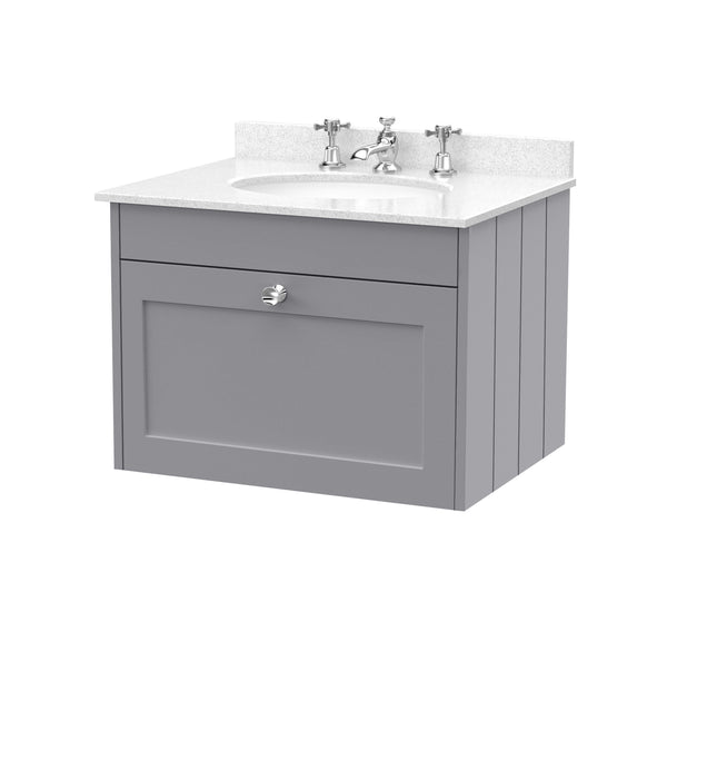Old London Ashwick Satin Grey 600mm Wall Hung 1-Drawer Unit With Marble Top 3 Tap Hole