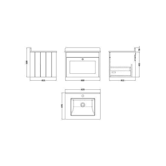 Old London Ashwick Satin Grey 600mm Wall Hung 1-Drawer Unit With Marble Top 1 Tap Hole