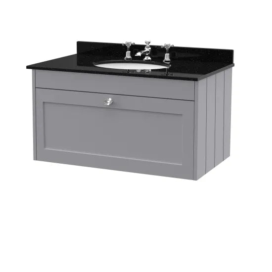 Old London Ashwick Satin Grey 800mm Wall Hung 1-Drawer Unit With Marble Top