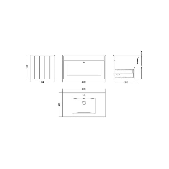 Old London Ashwick Satin Grey 800mm Wall Hung 1-Drawer Unit with Basin 1 TH