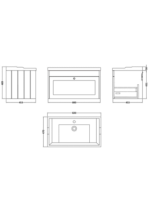 Old London Ashwick Satin Grey 800mm Wall Hung 1-Drawer Unit With Basin 1 Tap Hole