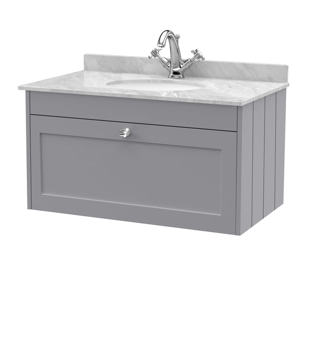 Old London Ashwick Satin Grey 800mm Wall Hung 1-Drawer Unit With Marble Top 1 Tap Hole