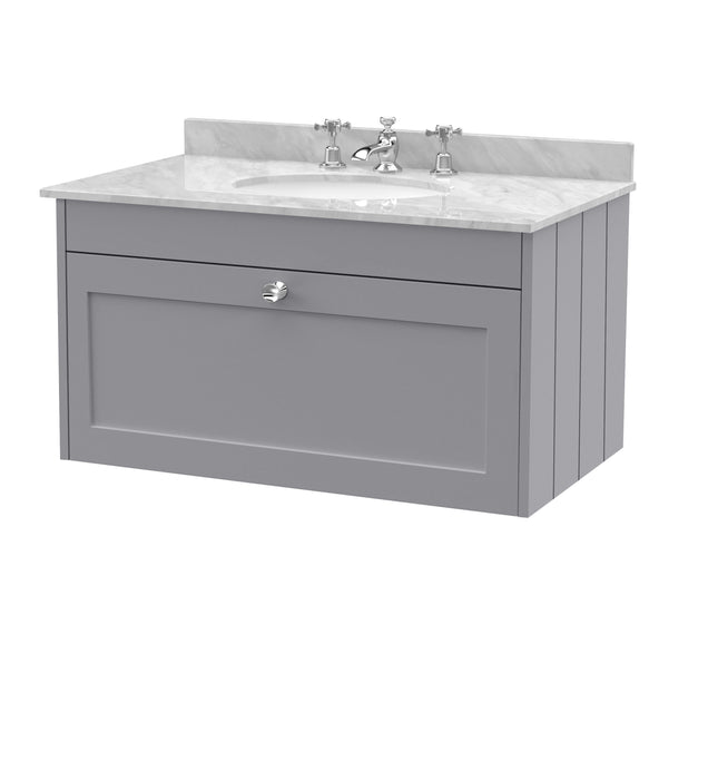 Old London Ashwick Satin Grey 800mm Wall Hung 1-Drawer Unit With Marble Top 1 Tap Hole