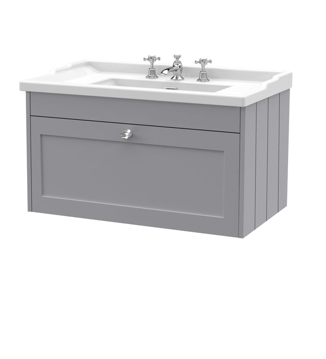 Old London Ashwick Satin Grey 800mm Wall Hung 1-Drawer Unit With Basin 3 Tap Hole