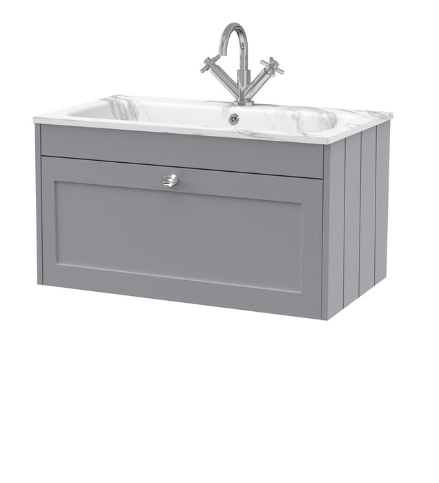 Old London Ashwick Satin Grey 800mm Wall Hung 1-Drawer Unit With Stone Basin 1 Tap Hole