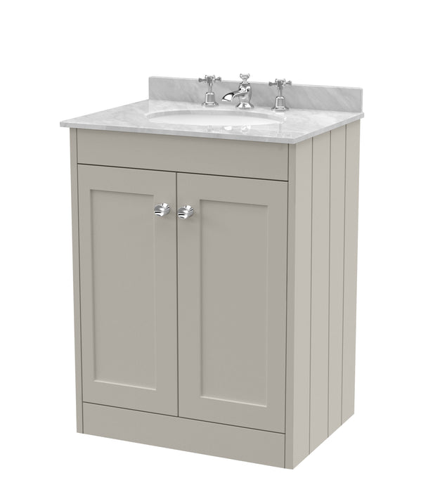 Old London Ashwick Pebble Grey 600mm Floorstanding 2-Door Unit With Marble Top 3 Tap Hole