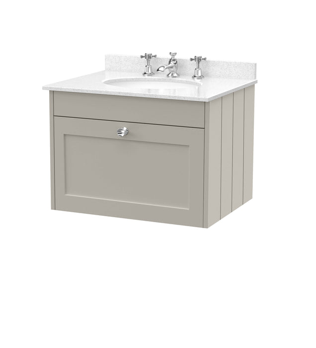Old London Ashwick Pebble Grey 600mm Wall Hung 1-Drawer Unit With Marble Top 3 Tap Hole