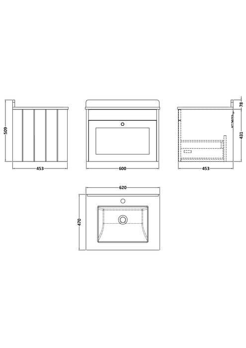 Old London Ashwick Pebble Grey 600mm Wall Hung 1-Drawer Unit With Marble Top 1 Tap Hole