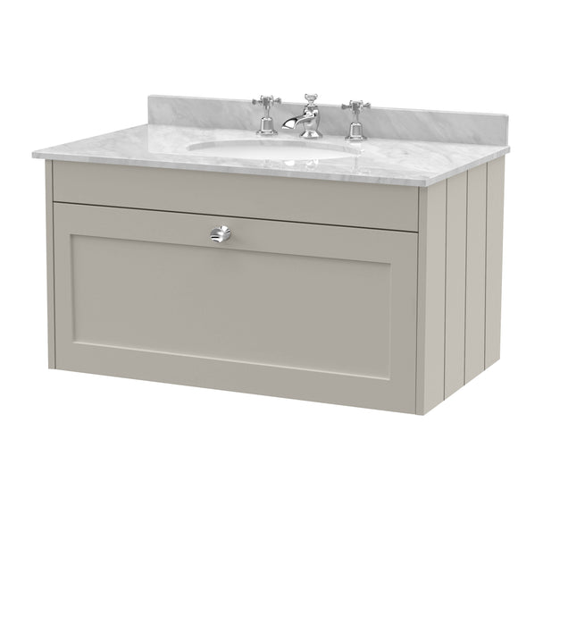 Old London Ashwick Pebble Grey 800mm Wall Hung 1-Drawer Unit With Marble Top 3 Tap Hole