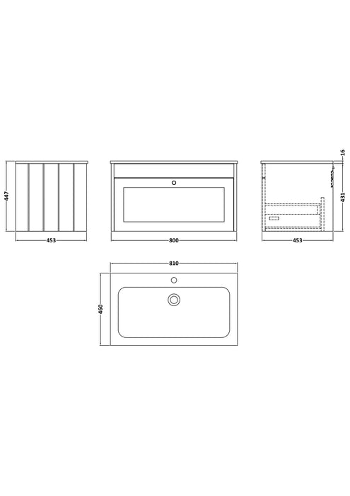 Old London Ashwick Pebble Grey 800mm Wall Hung 1-Drawer Unit With Stone Basin 1 Tap Hole