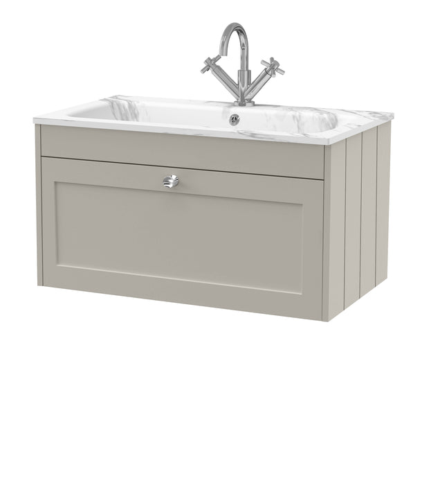 Old London Ashwick Pebble Grey 800mm Wall Hung 1-Drawer Unit With Stone Basin 1 Tap Hole