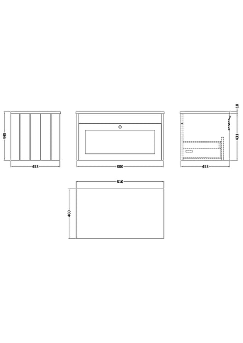 Old London Ashwick Pebble Grey 800mm Wall Hung 1-Drawer Unit with Marble Top