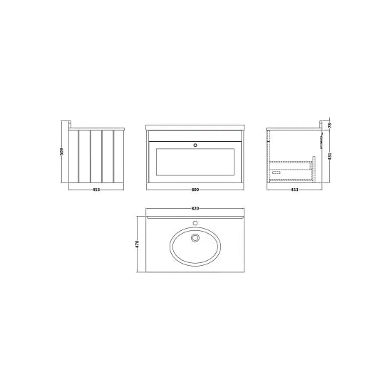 Old London Ashwick Pebble Grey 800mm Wall Hung 1-Drawer Unit With Marble Top 1 Tap Hole