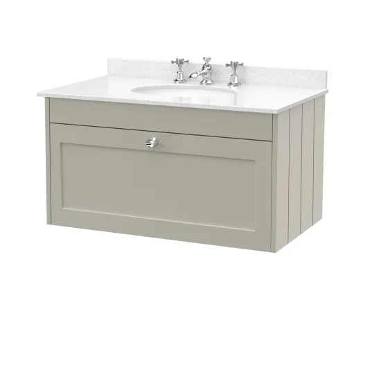 Old London Ashwick Pebble Grey 800mm Wall Hung 1-Drawer Unit With Marble Top 1 Tap Hole
