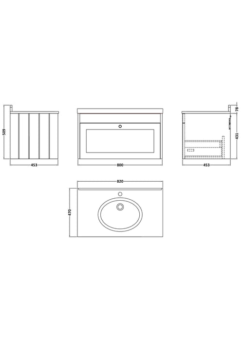 Old London Ashwick Pebble Grey 800mm Wall Hung 1-Drawer Unit With Marble Top 1 Tap Hole